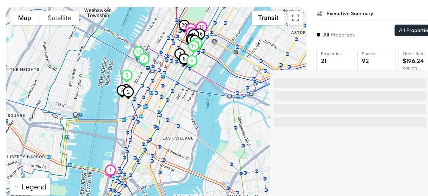 Interactive property survey showing NYC map with 21 properties and executive summary statistics